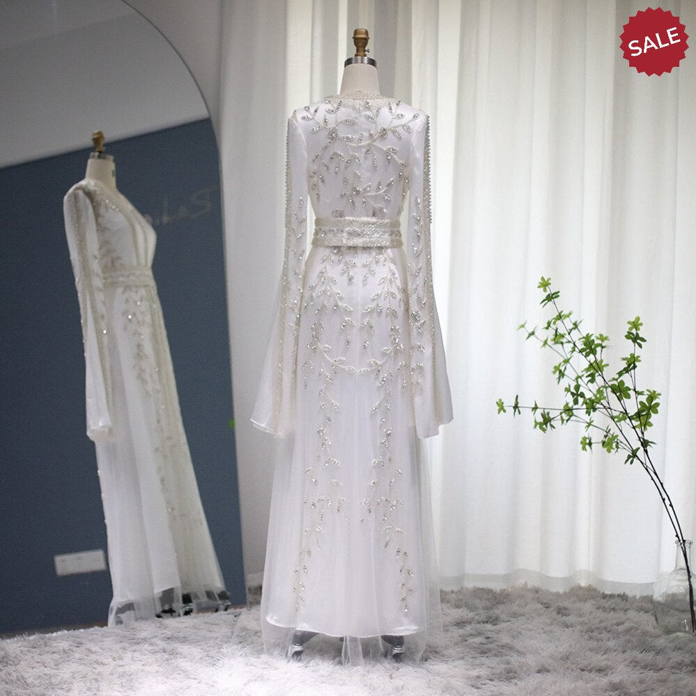 Luxury Dubai Moroccan Kaftan Ivory Evening Dresses for Women Wedding Party Elegant Long Sleeve Muslim Arabic Formal Dress SS439