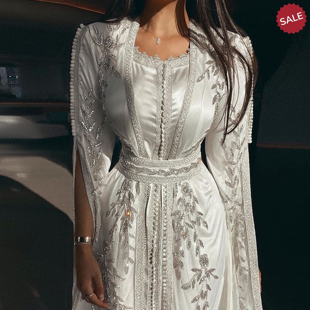 Luxury Dubai Moroccan Kaftan Ivory Evening Dresses for Women Wedding Party Elegant Long Sleeve Muslim Arabic Formal Dress SS439