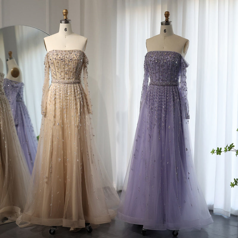 Luxury Dubai Nude Evening Dress 2023 Elegant Off Shoulder Long Sleeves Arabic Lilac Women Wedding Pary Gowns SS489