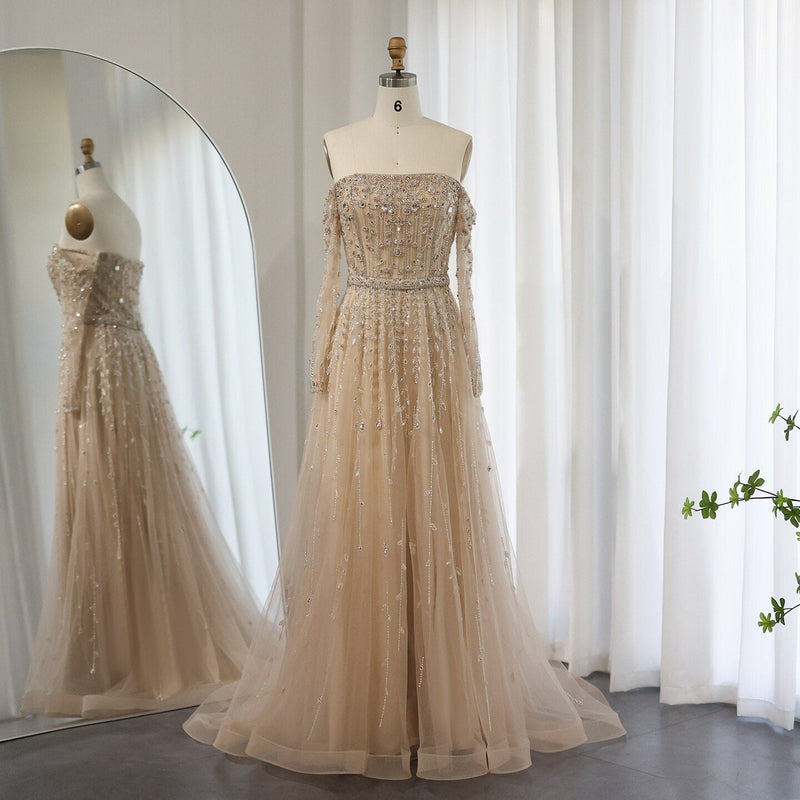 Luxury Dubai Nude Evening Dress 2023 Elegant Off Shoulder Long Sleeves Arabic Lilac Women Wedding Pary Gowns SS489