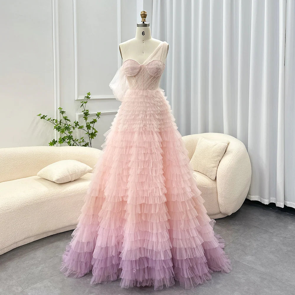Luxury Dubai Ombre Pink Lilac Evening Dress for Women Wedding Elegant One Shoulder Long Ball Gown Prom Dresses SF085