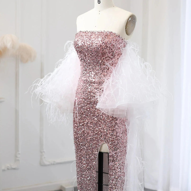 Luxury Dubai Ombre Pink Sequin Mermaid Evening Dresses with Feathers Cape Arabic Women Wedding Party Gowns SS514