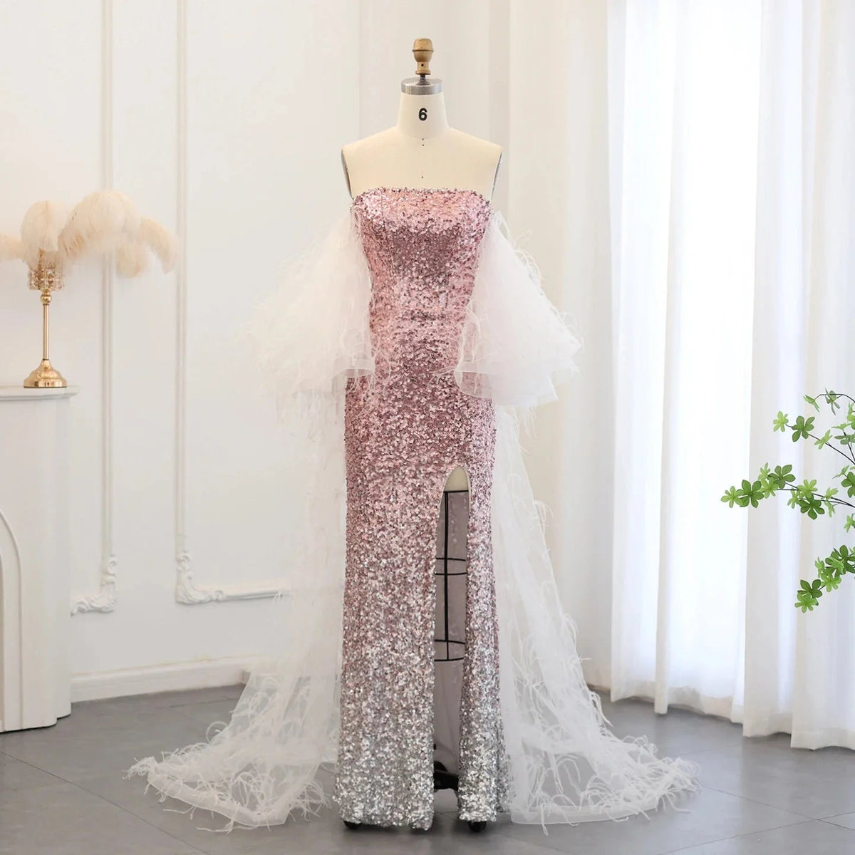 Luxury Dubai Ombre Pink Sequin Mermaid Evening Dresses with Feathers Cape Arabic Women Wedding Party Gowns SS514