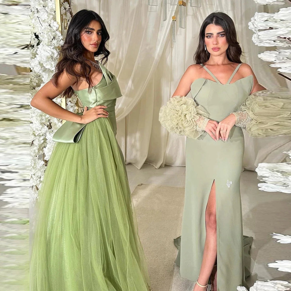 Luxury Dubai One Lilac Shoulder Evening Dress with Overskirt 2024 Arabic Women Sage Green Wedding Party Gowns SS405