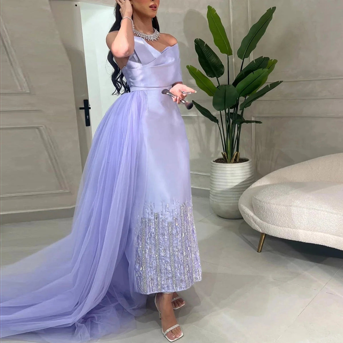 Luxury Dubai One Lilac Shoulder Evening Dress with Overskirt 2024 Arabic Women Sage Green Wedding Party Gowns SS405