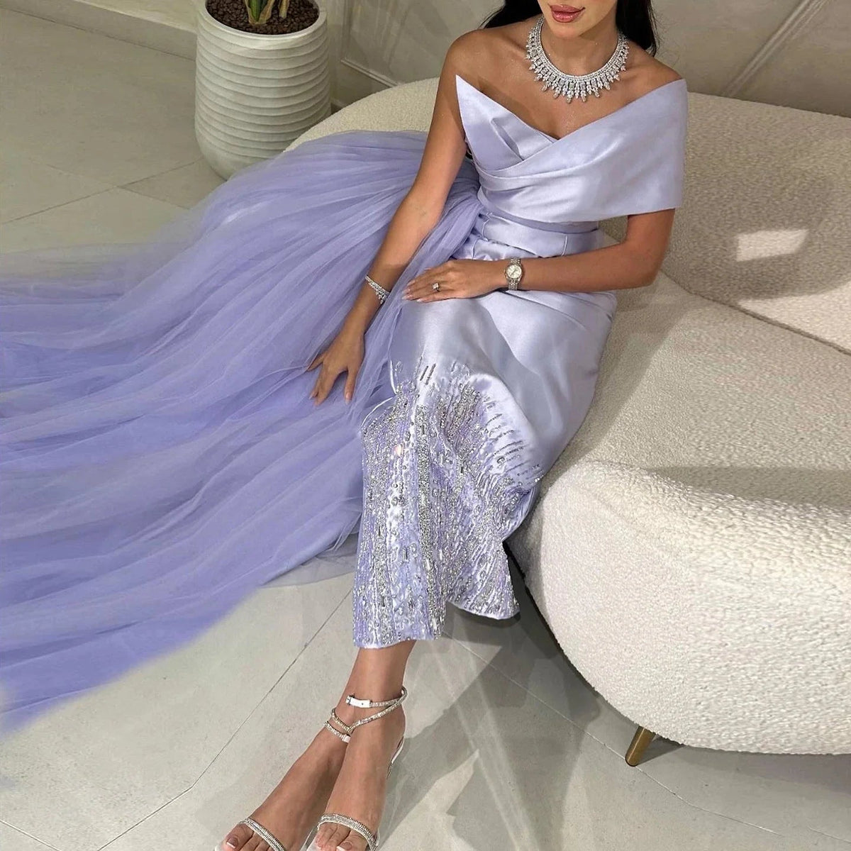 Luxury Dubai One Lilac Shoulder Evening Dress with Overskirt 2024 Arabic Women Sage Green Wedding Party Gowns SS405