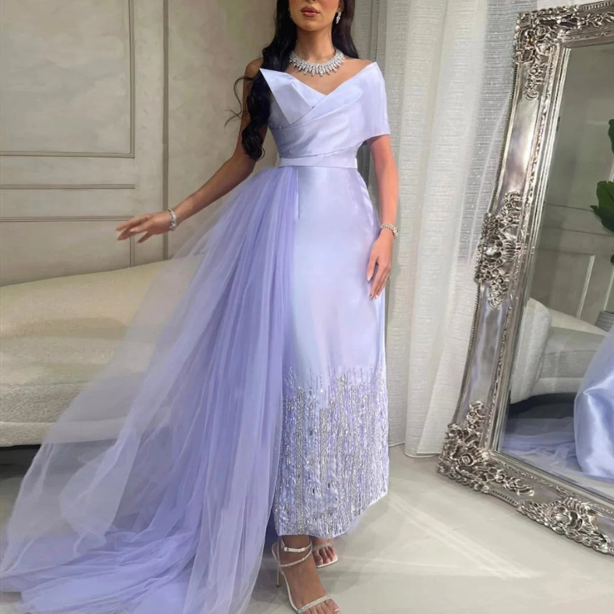 Luxury Dubai One Lilac Shoulder Evening Dress with Overskirt 2024 Arabic Women Sage Green Wedding Party Gowns SS405