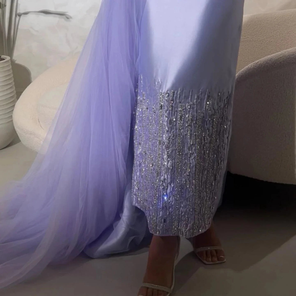 Luxury Dubai One Lilac Shoulder Evening Dress with Overskirt 2024 Arabic Women Sage Green Wedding Party Gowns SS405