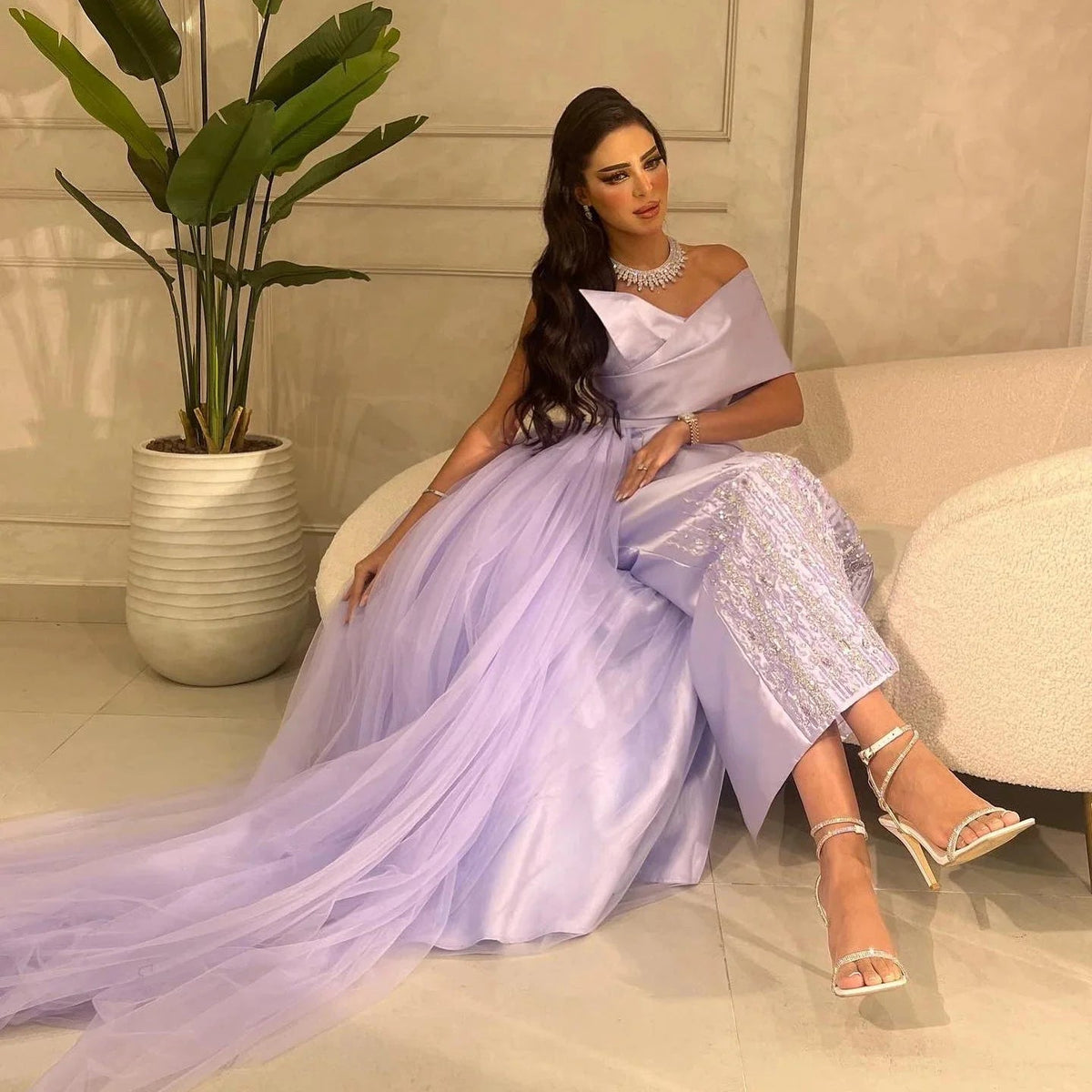 Luxury Dubai One Lilac Shoulder Evening Dress with Overskirt 2024 Arabic Women Sage Green Wedding Party Gowns SS405