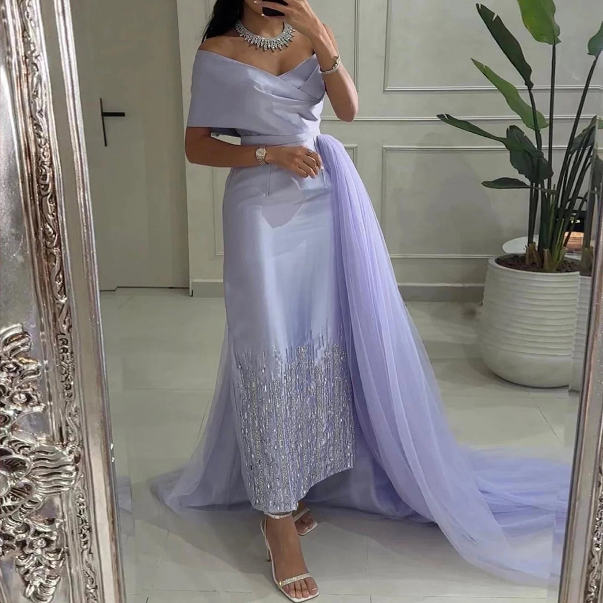 Luxury Dubai One Lilac Shoulder Evening Dress with Overskirt 2024 Arabic Women Sage Green Wedding Party Gowns SS405