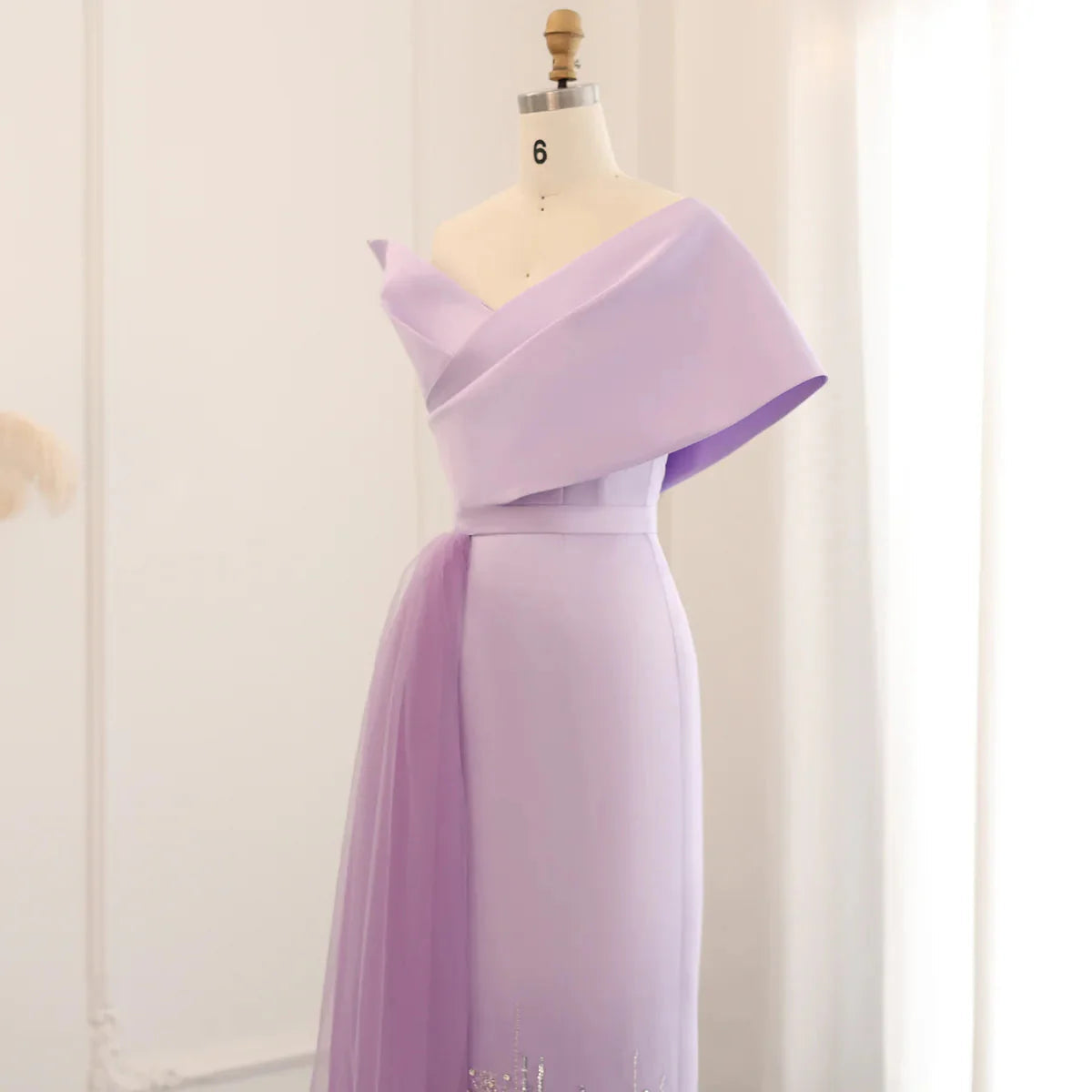 Luxury Dubai One Lilac Shoulder Evening Dress with Overskirt 2024 Arabic Women Sage Green Wedding Party Gowns SS405