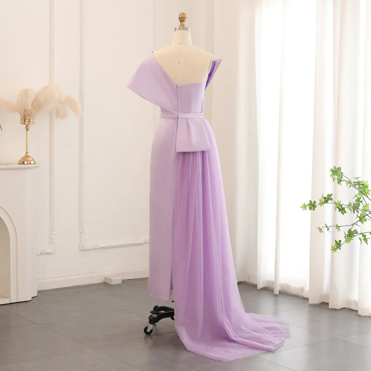 Luxury Dubai One Lilac Shoulder Evening Dress with Overskirt 2024 Arabic Women Sage Green Wedding Party Gowns SS405