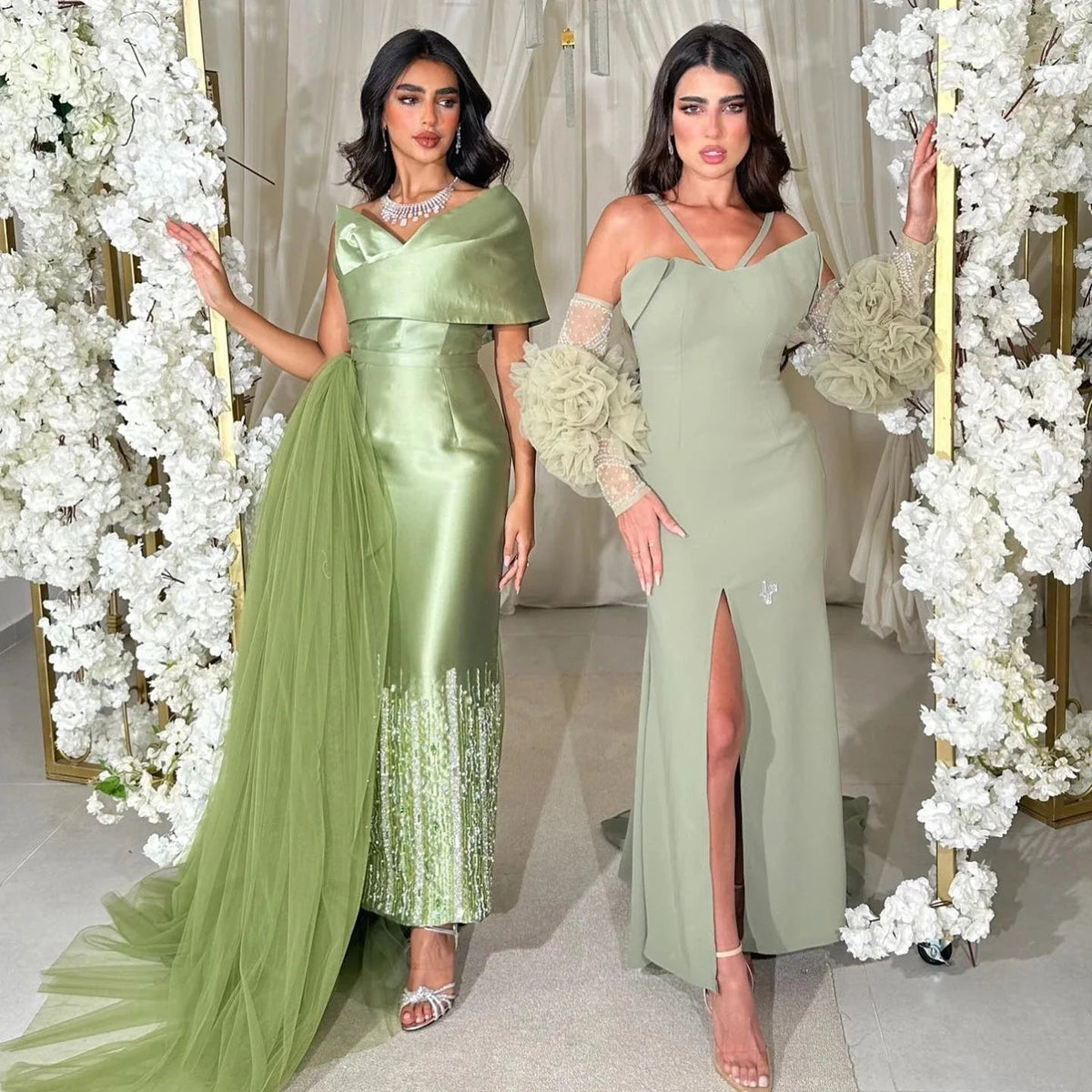 Luxury Dubai One Lilac Shoulder Evening Dress with Overskirt 2024 Arabic Women Sage Green Wedding Party Gowns SS405