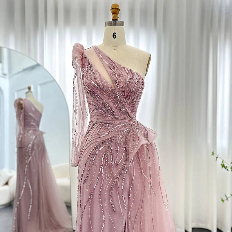 Luxury Dubai One Shoulder Mermaid Sage Green Evening Dresses with Overskirt Elegant Woman Wedding Party Gowns SS160