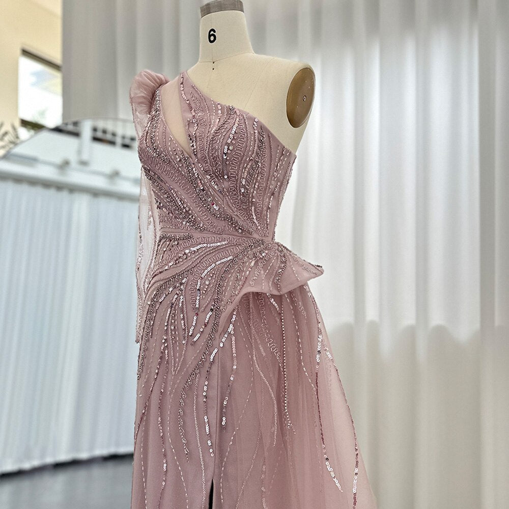 Luxury Dubai One Shoulder Mermaid Sage Green Evening Dresses with Overskirt Elegant Woman Wedding Party Gowns SS160
