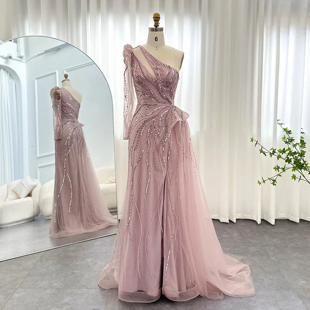 Luxury Dubai One Shoulder Mermaid Sage Green Evening Dresses with Overskirt Elegant Woman Wedding Party Gowns SS160
