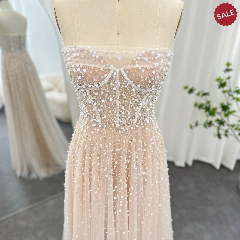 Luxury Dubai Pearls White Nude Arabic Evening Dresses with Gloves Elegant Women Wedding Bridal Party Gowns SS373