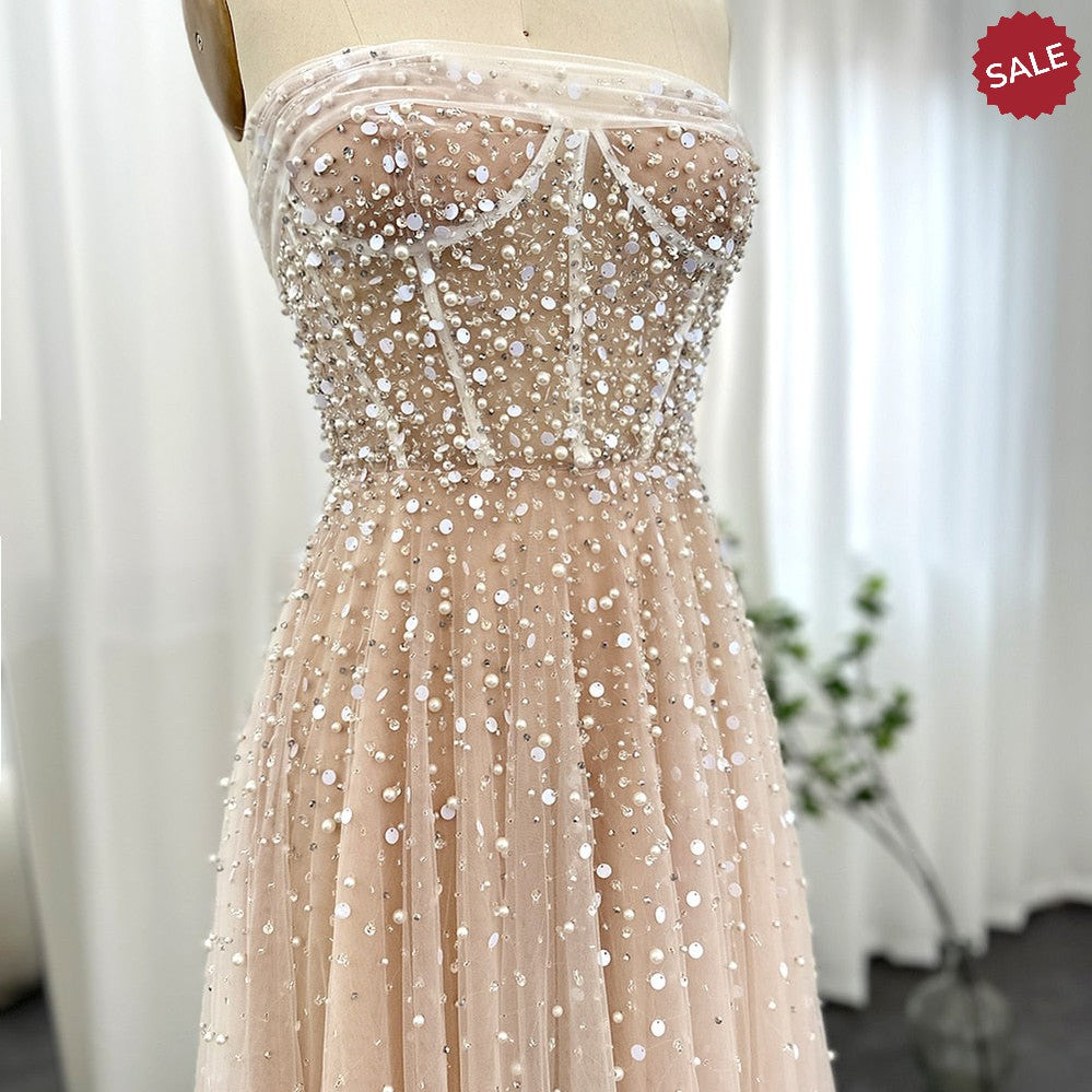 Luxury Dubai Pearls White Nude Arabic Evening Dresses with Gloves Elegant Women Wedding Bridal Party Gowns SS373
