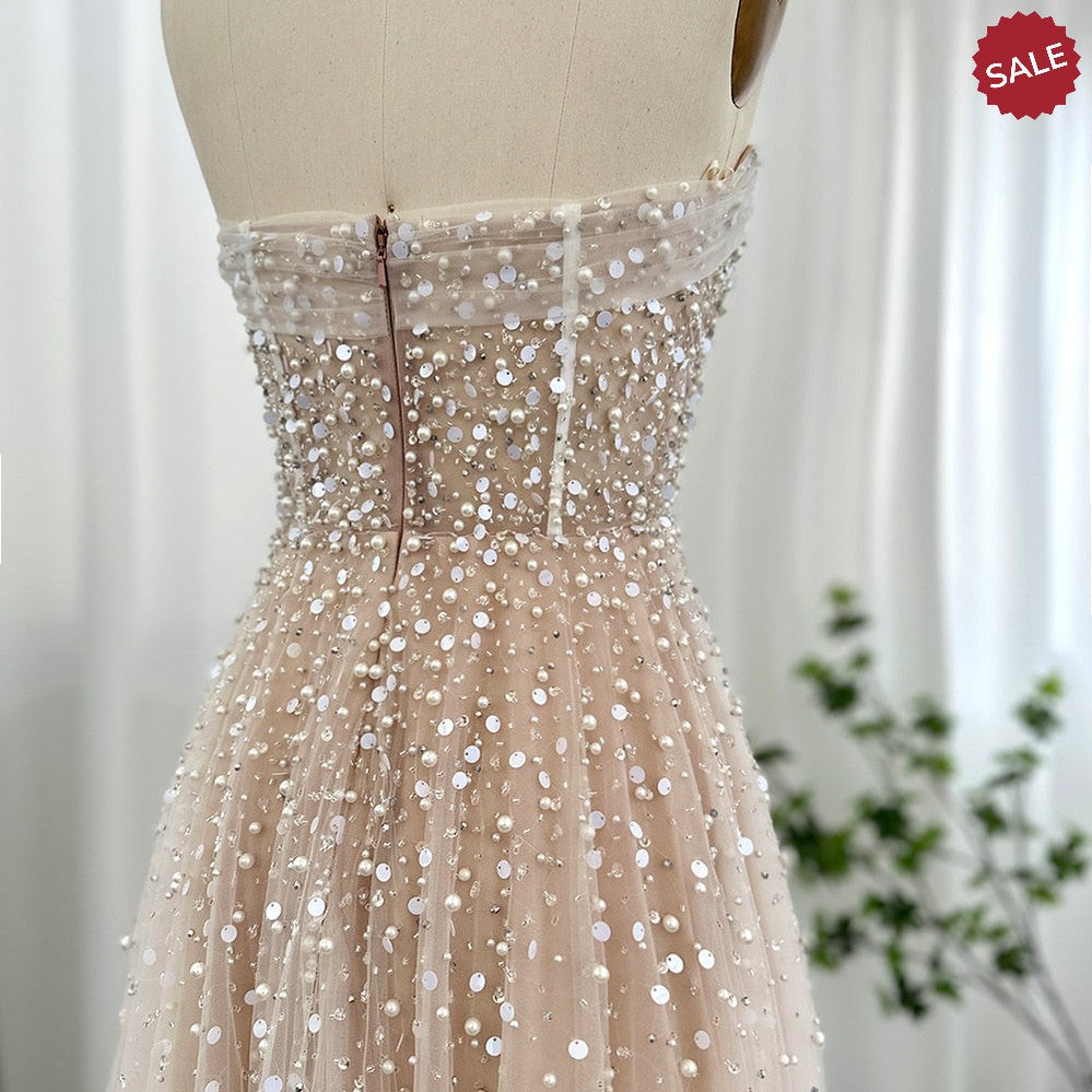 Luxury Dubai Pearls White Nude Arabic Evening Dresses with Gloves Elegant Women Wedding Bridal Party Gowns SS373