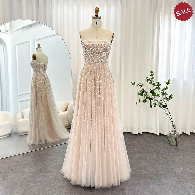 Luxury Dubai Pearls White Nude Arabic Evening Dresses with Gloves Elegant Women Wedding Bridal Party Gowns SS373