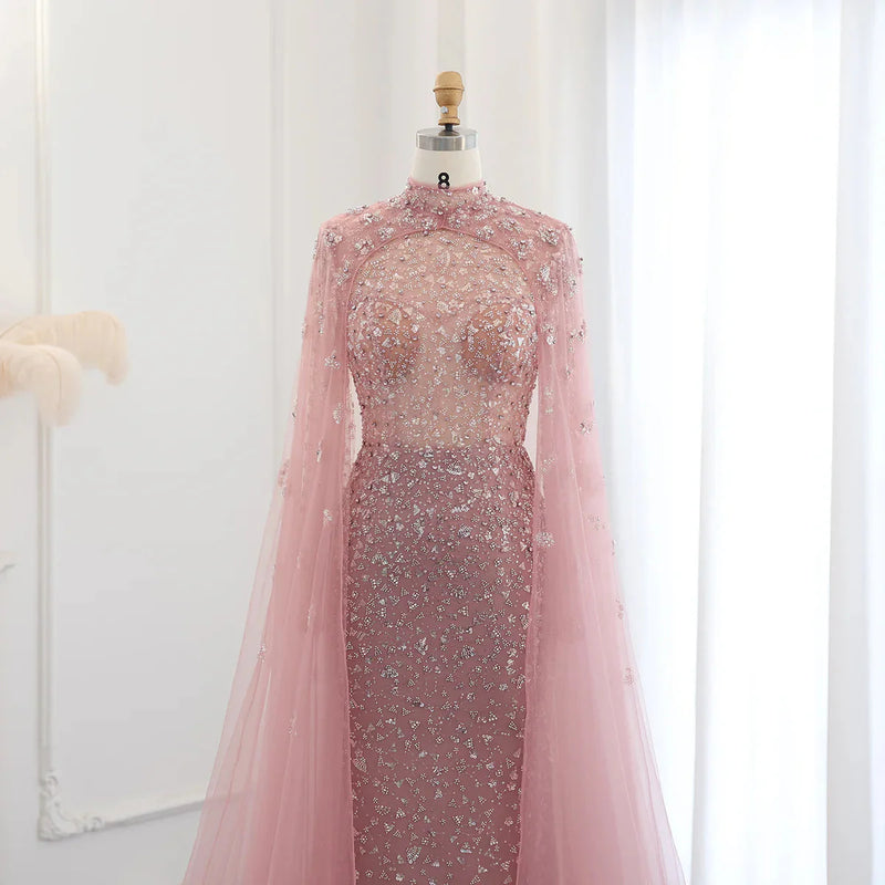 Luxury Dubai Pink Muslim Evening Dress with Cape Long Sleeves Mermaid Sage Green Arab Women Wedding Party Gown SS202