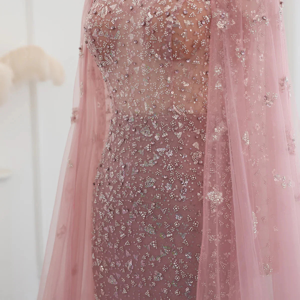Luxury Dubai Pink Muslim Evening Dress with Cape Long Sleeves Mermaid Sage Green Arab Women Wedding Party Gown SS202