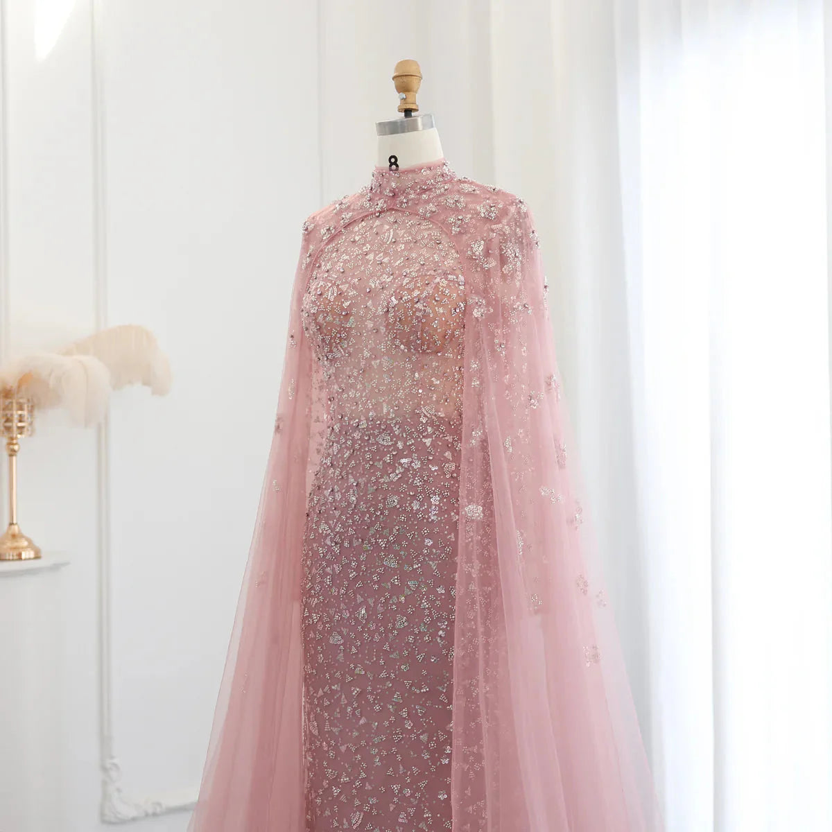 Luxury Dubai Pink Muslim Evening Dress with Cape Long Sleeves Mermaid Sage Green Arab Women Wedding Party Gown SS202