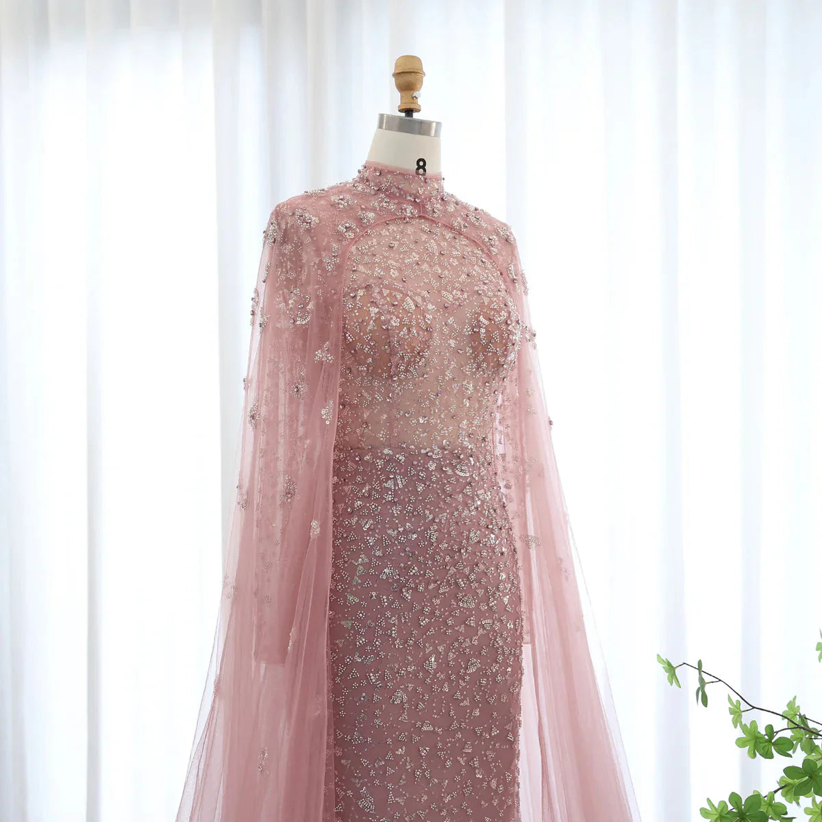 Luxury Dubai Pink Muslim Evening Dress with Cape Long Sleeves Mermaid Sage Green Arab Women Wedding Party Gown SS202