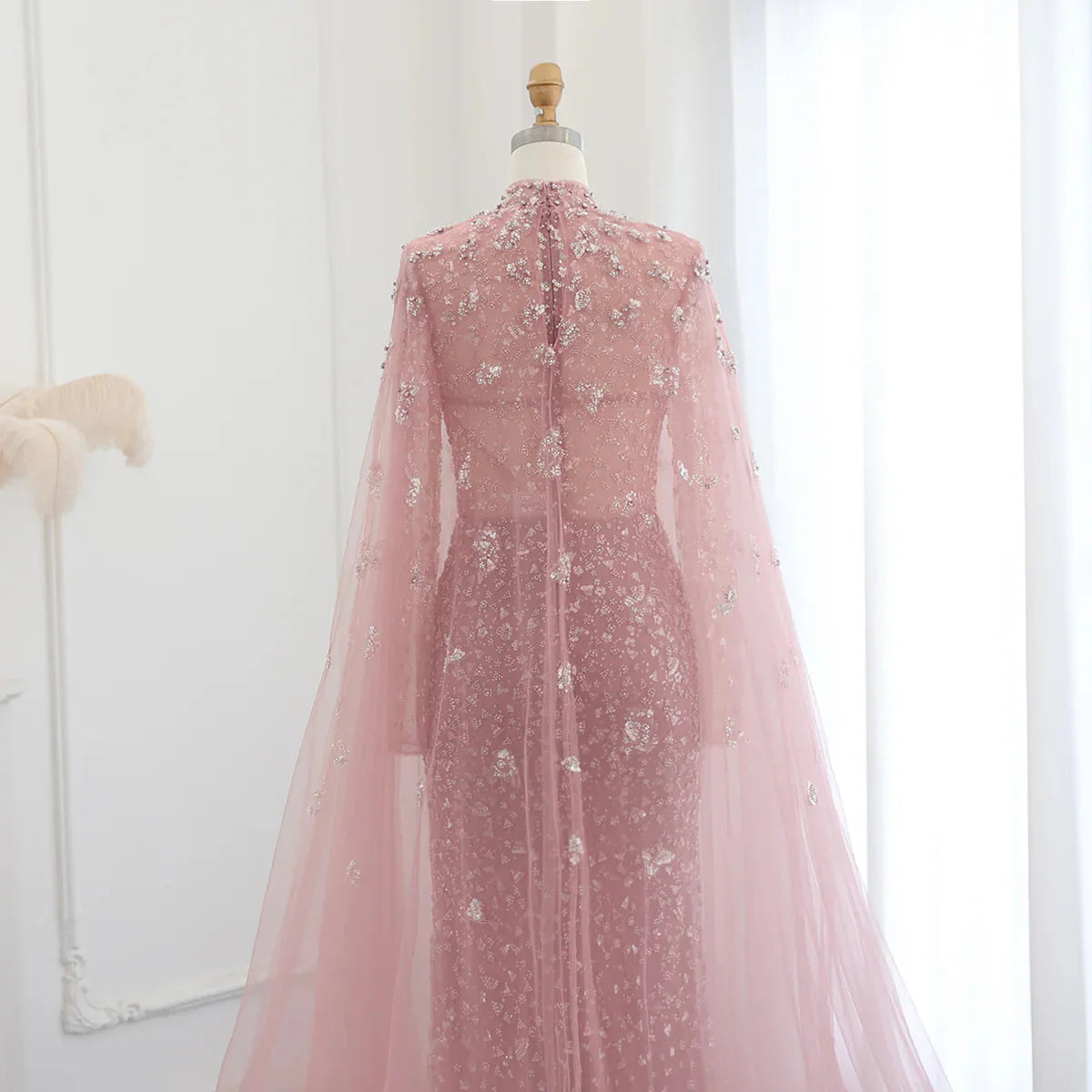 Luxury Dubai Pink Muslim Evening Dress with Cape Long Sleeves Mermaid Sage Green Arab Women Wedding Party Gown SS202
