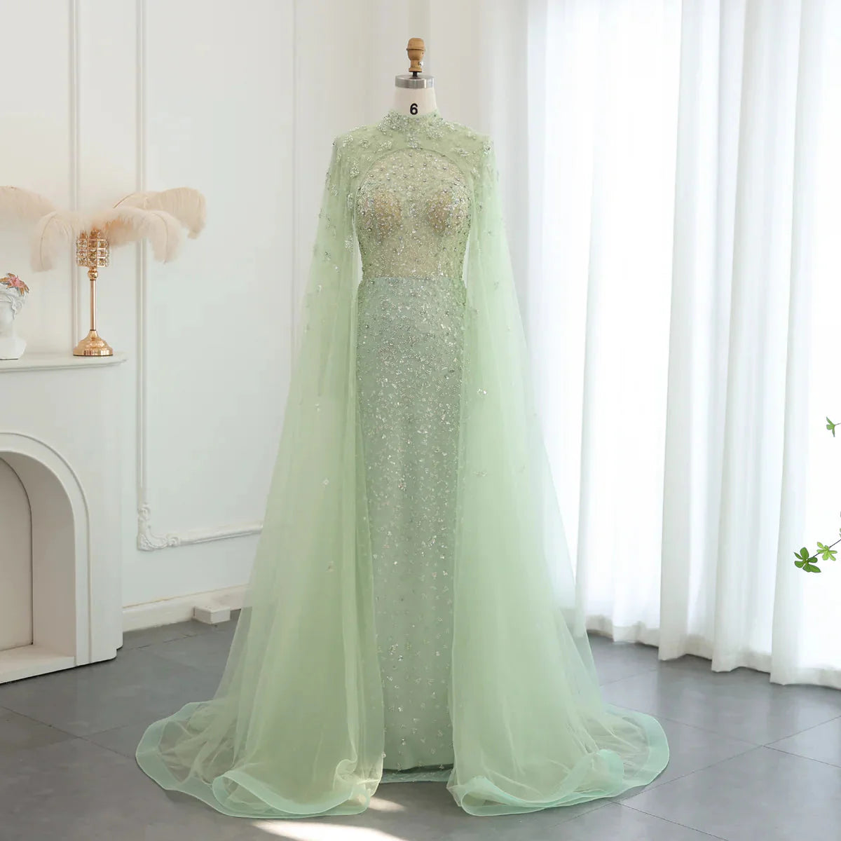 Luxury Dubai Pink Muslim Evening Dress with Cape Long Sleeves Mermaid Sage Green Arab Women Wedding Party Gown SS202