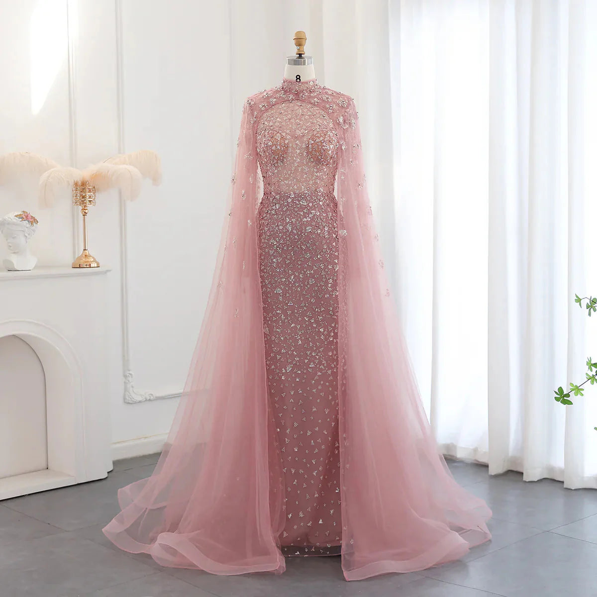Luxury Dubai Pink Muslim Evening Dress with Cape Long Sleeves Mermaid Sage Green Arab Women Wedding Party Gown SS202