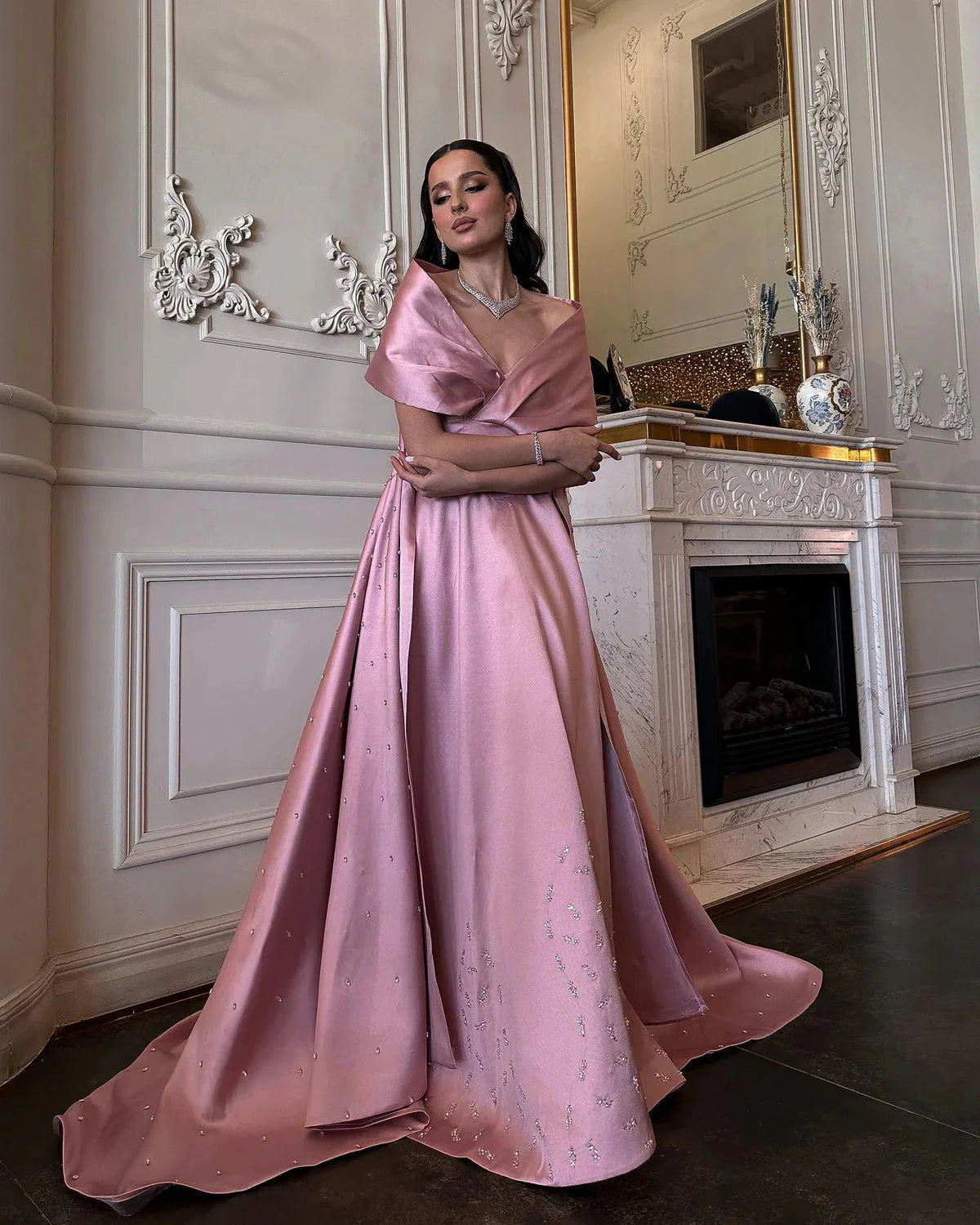 Luxury Dubai Pink Satin Evening Dresses with Train Elegant Off the Shoulder Arabic Women Wedding Party Gowns SS481