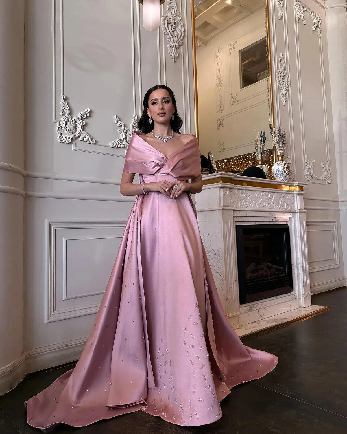 Luxury Dubai Pink Satin Evening Dresses with Train Elegant Off the Shoulder Arabic Women Wedding Party Gowns SS481