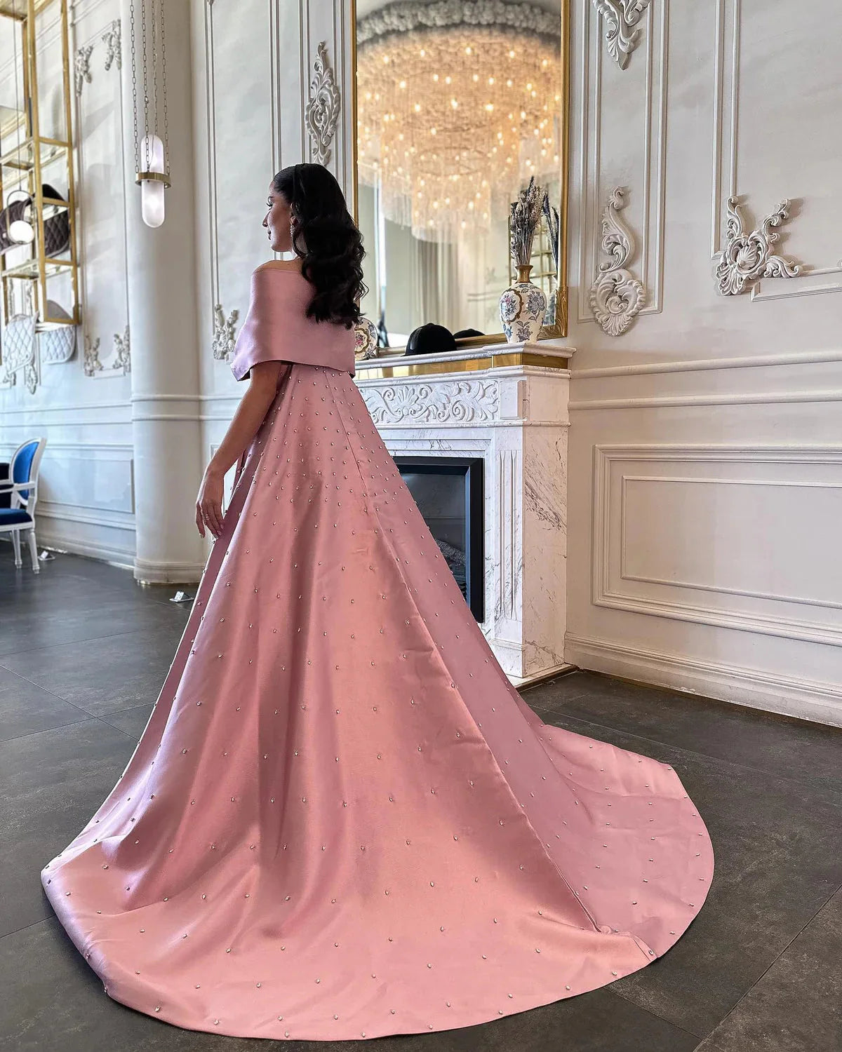 Luxury Dubai Pink Satin Evening Dresses with Train Elegant Off the Shoulder Arabic Women Wedding Party Gowns SS481