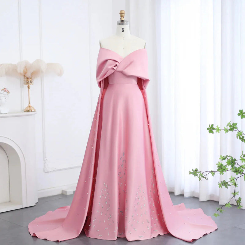 Luxury Dubai Pink Satin Evening Dresses with Train Elegant Off the Shoulder Arabic Women Wedding Party Gowns SS481