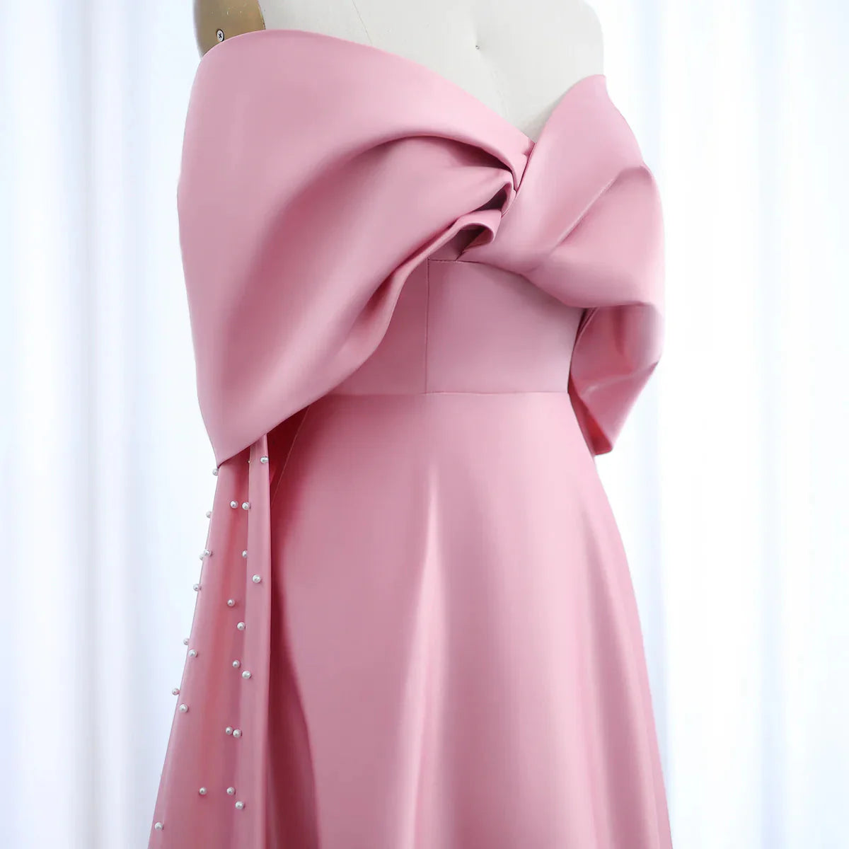 Luxury Dubai Pink Satin Evening Dresses with Train Elegant Off the Shoulder Arabic Women Wedding Party Gowns SS481