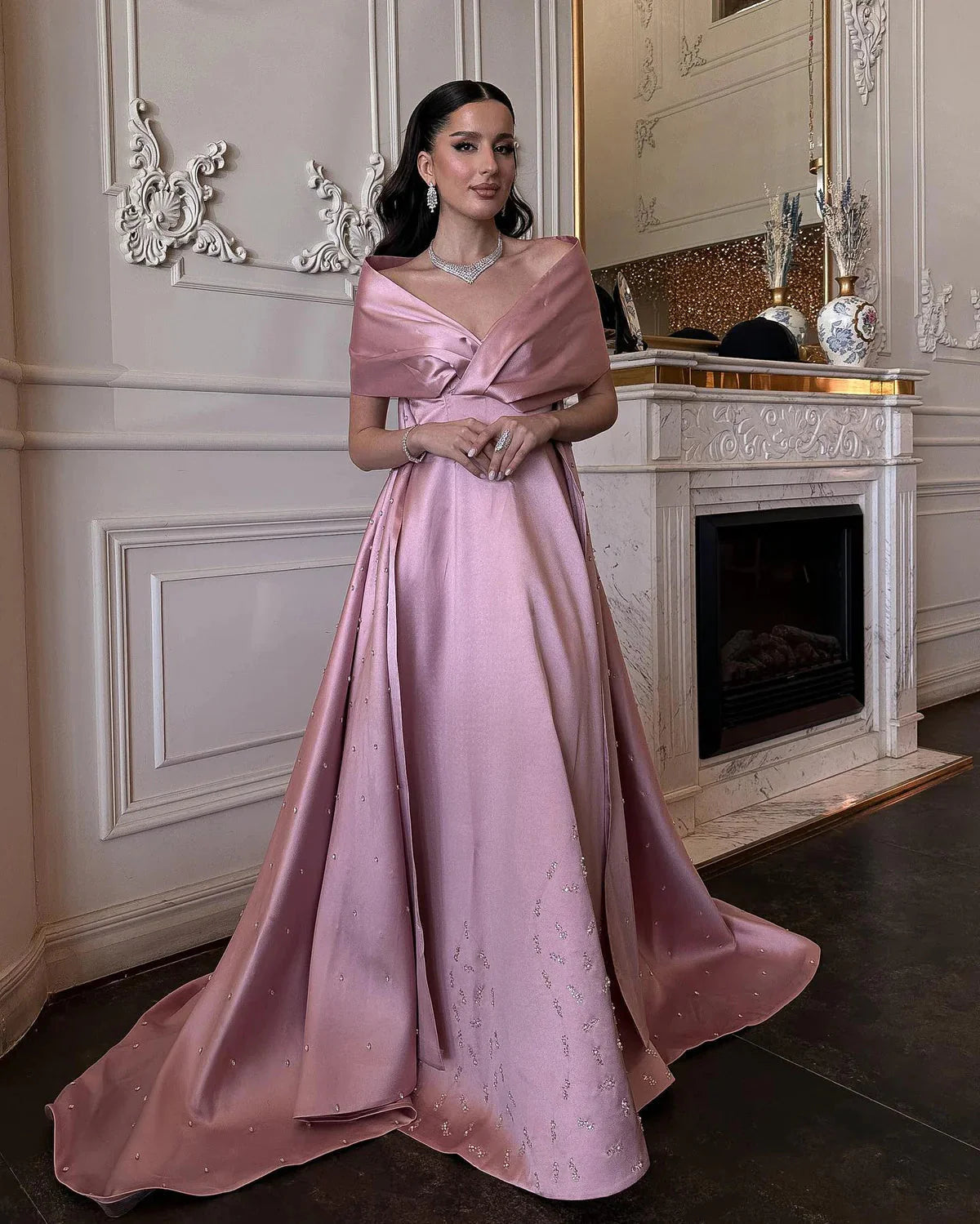 Luxury Dubai Pink Satin Evening Dresses with Train Elegant Off the Shoulder Arabic Women Wedding Party Gowns SS481