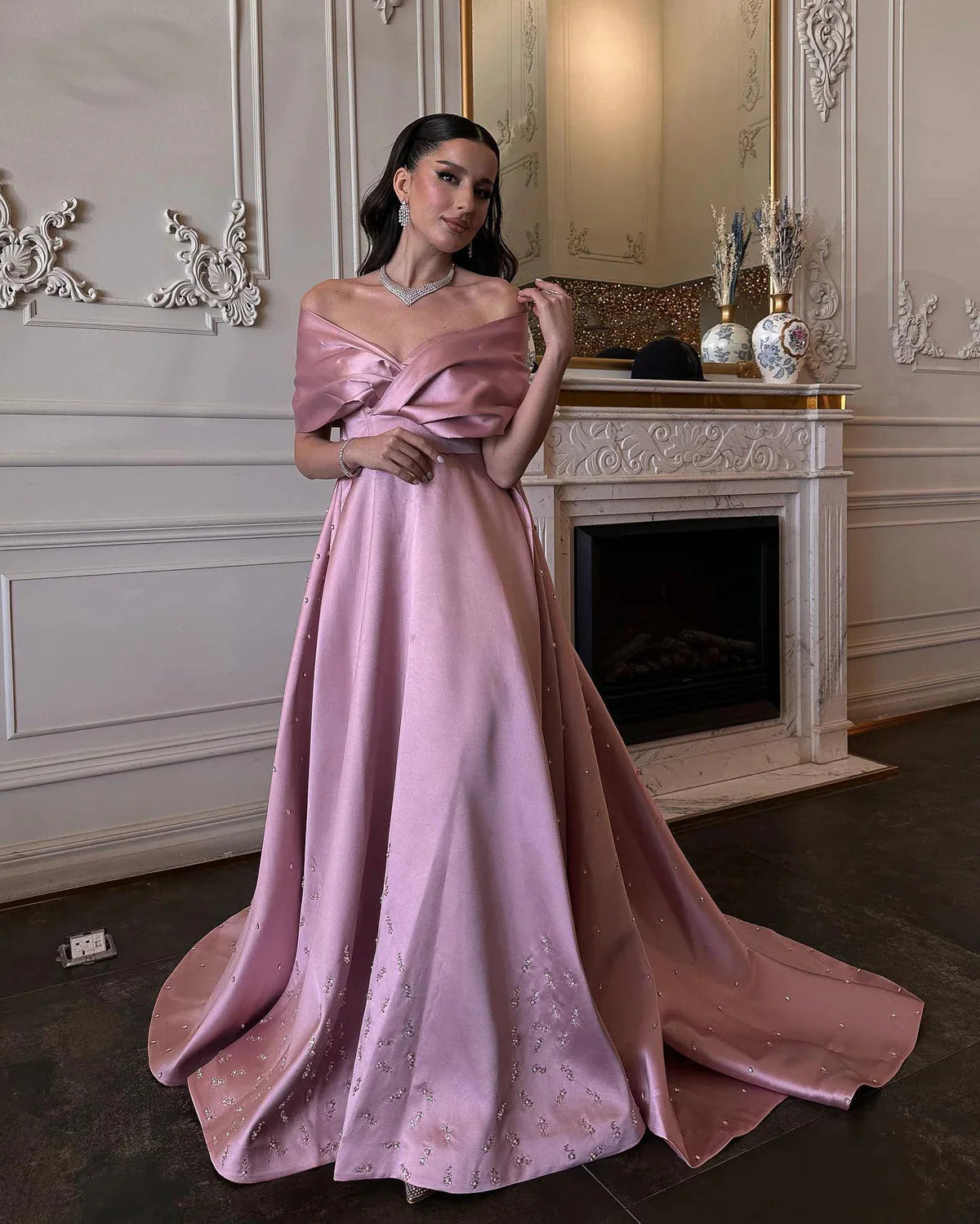 Luxury Dubai Pink Satin Evening Dresses with Train Elegant Off the Shoulder Arabic Women Wedding Party Gowns SS481