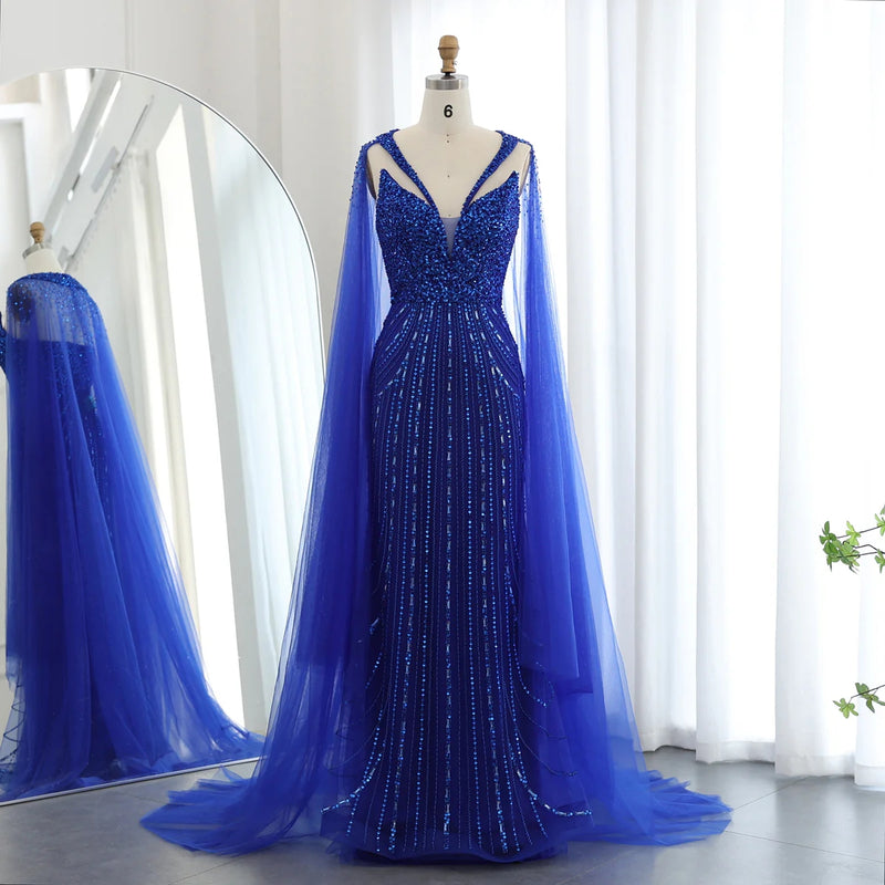 Luxury Dubai Royal Blue Mermaid Evening Dress with Cape 2024 Elegant Arabic Women Wedding Party Prom Dresses SS411