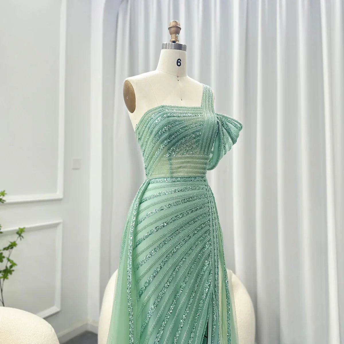 Luxury Dubai Sage Green Evening Dress One Shoulder Wedding Formal Party Gowns SS016
