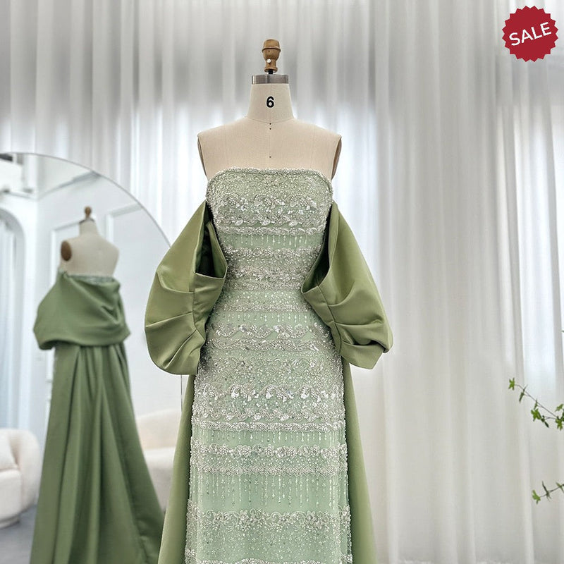 Luxury Dubai Sage Green Evening Dresses with Cape Arabic Blue Beaded Elegant Women Wedding Party Gowns SS238