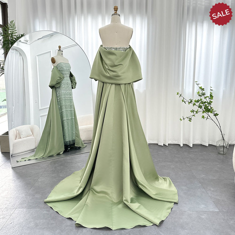 Luxury Dubai Sage Green Evening Dresses with Cape Arabic Blue Beaded Elegant Women Wedding Party Gowns SS238