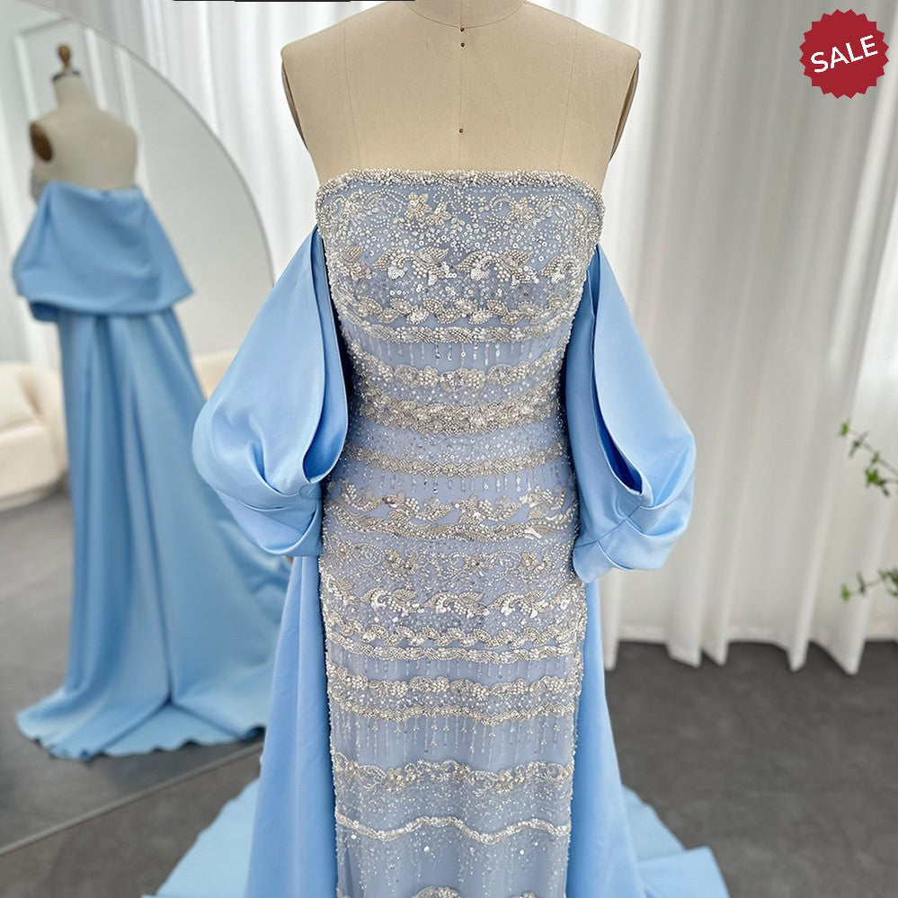 Luxury Dubai Sage Green Evening Dresses with Cape Arabic Blue Beaded Elegant Women Wedding Party Gowns SS238