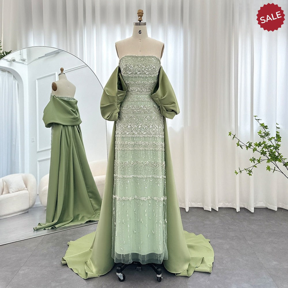 Luxury Dubai Sage Green Evening Dresses with Cape Arabic Blue Beaded Elegant Women Wedding Party Gowns SS238