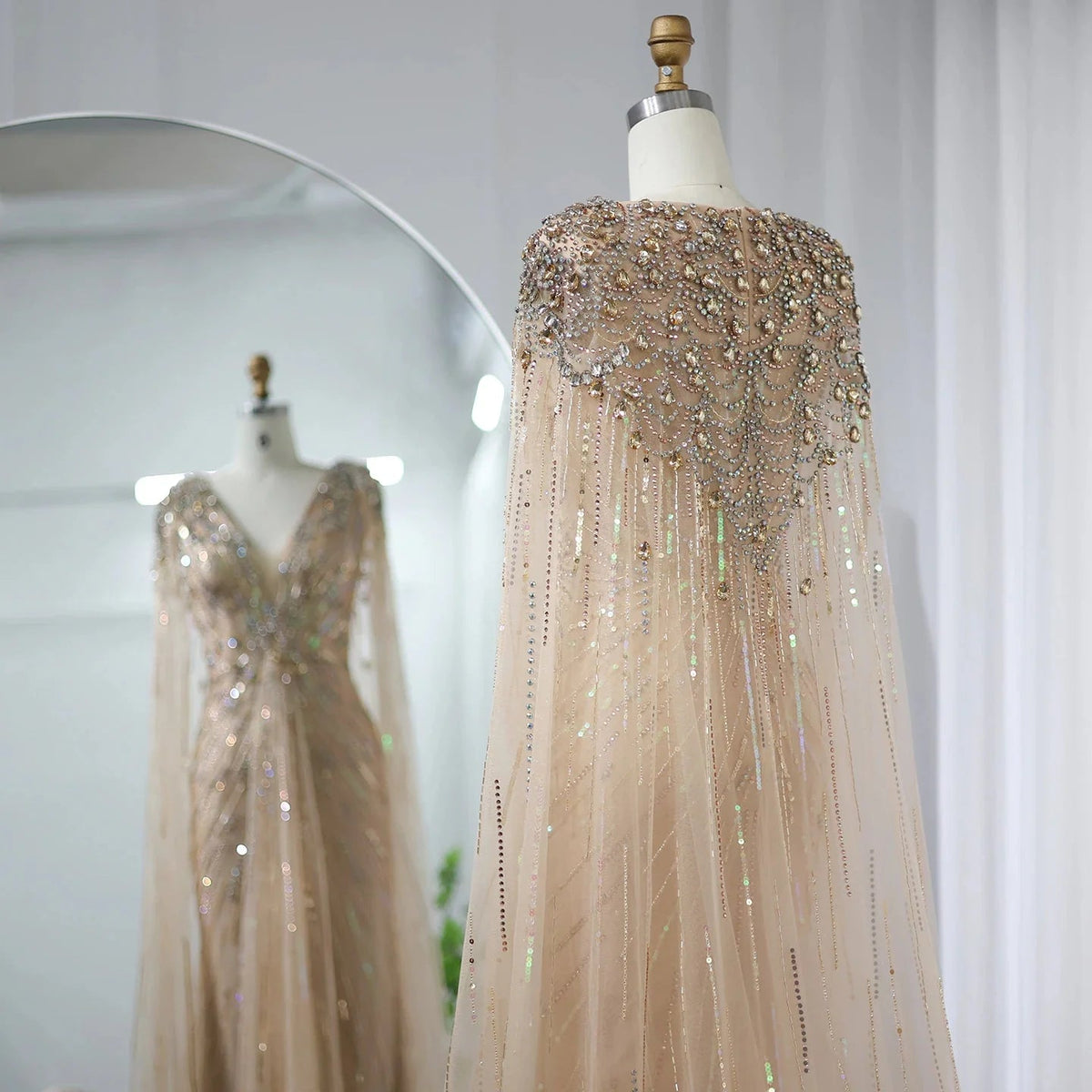 Luxury Dubai Sage Green Evening Dresses with Cape Fuchsia Crystal Gold Elegant Women Wedding Formal Party Gown SS399