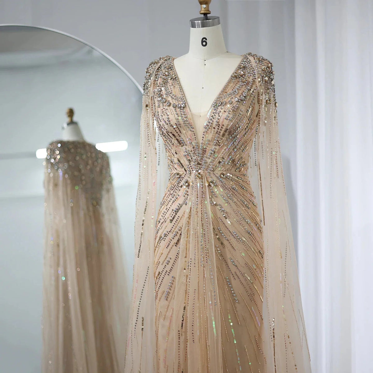 Luxury Dubai Sage Green Evening Dresses with Cape Fuchsia Crystal Gold Elegant Women Wedding Formal Party Gown SS399
