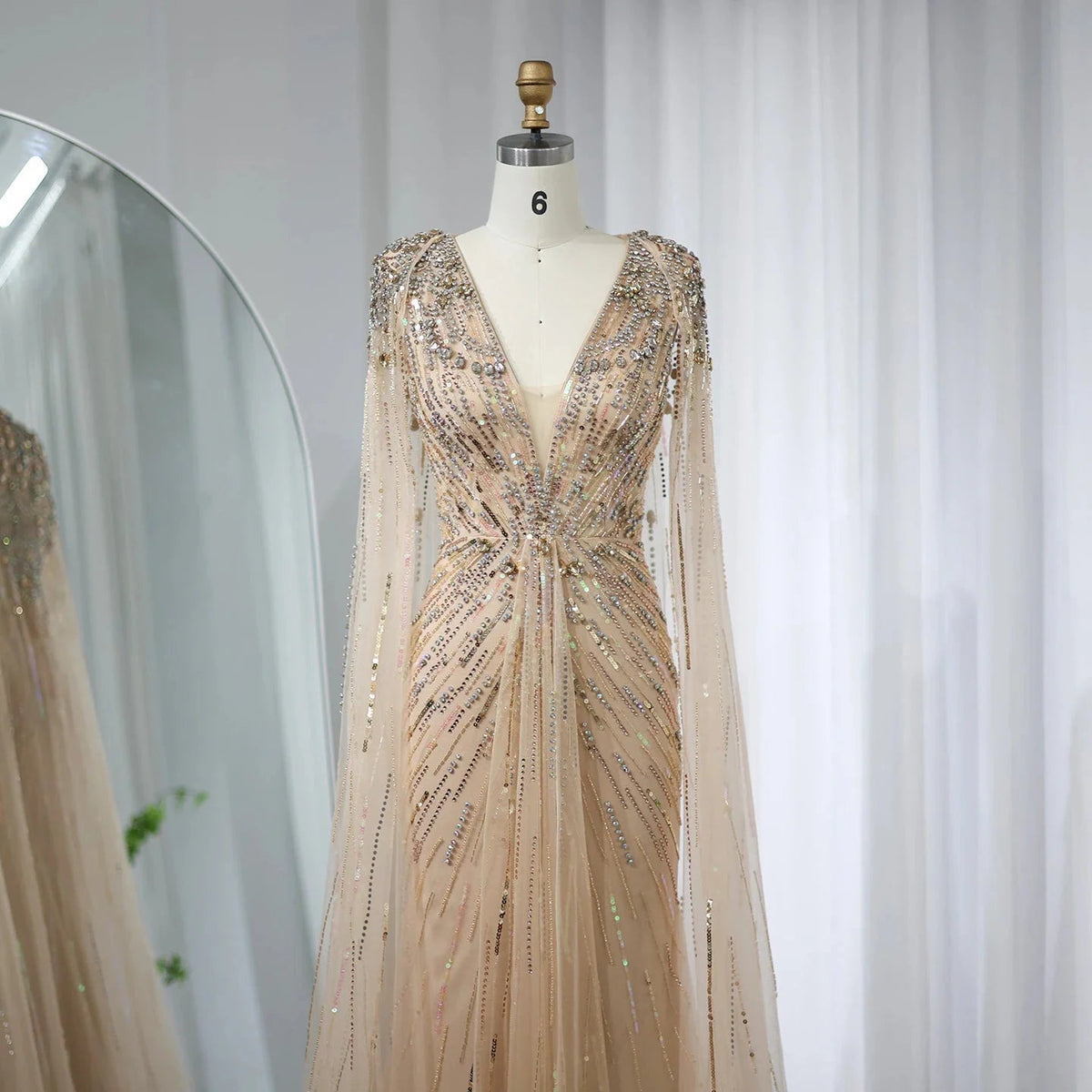 Luxury Dubai Sage Green Evening Dresses with Cape Fuchsia Crystal Gold Elegant Women Wedding Formal Party Gown SS399