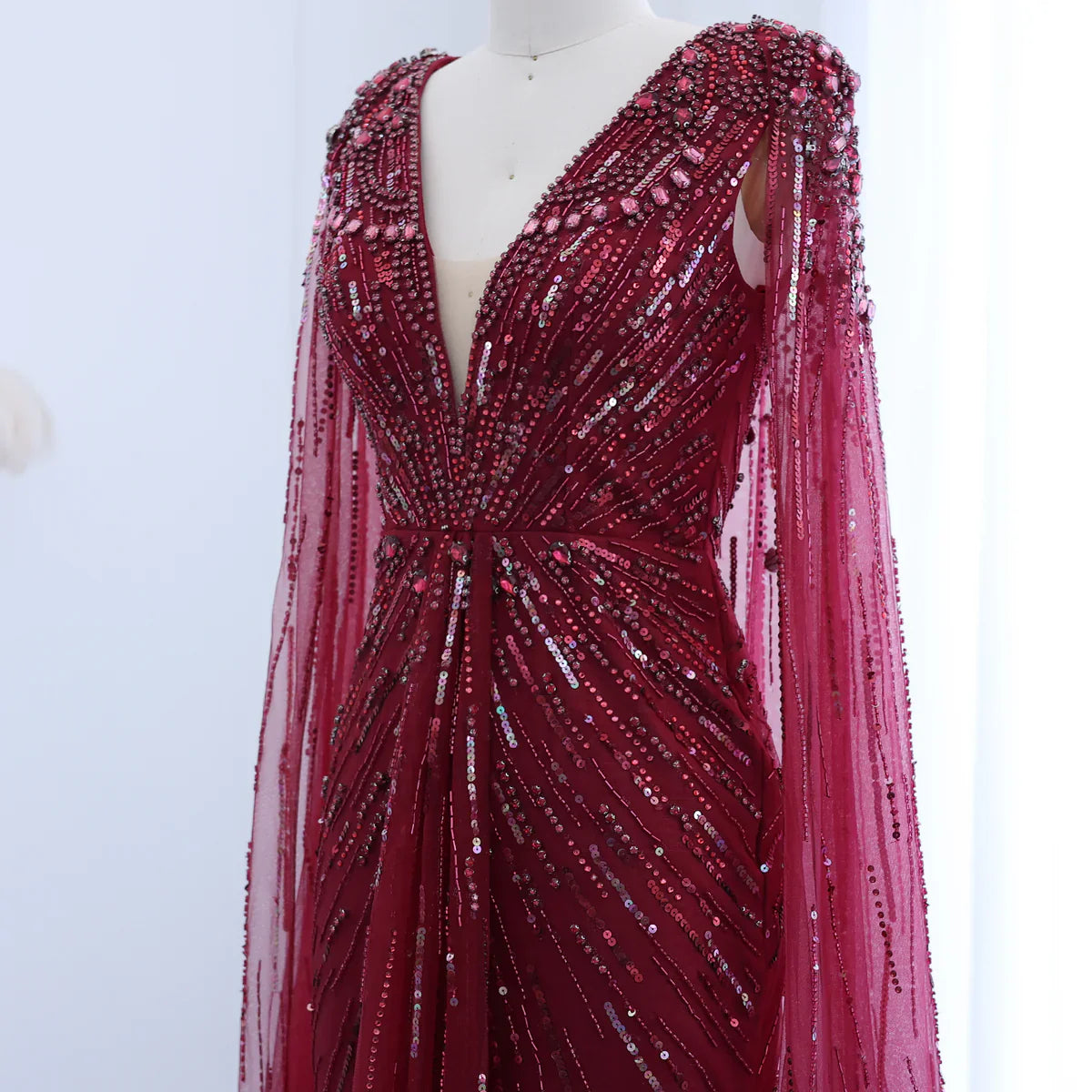 Luxury Dubai Sage Green Evening Dresses with Cape Fuchsia Crystal Gold Elegant Women Wedding Formal Party Gown SS399
