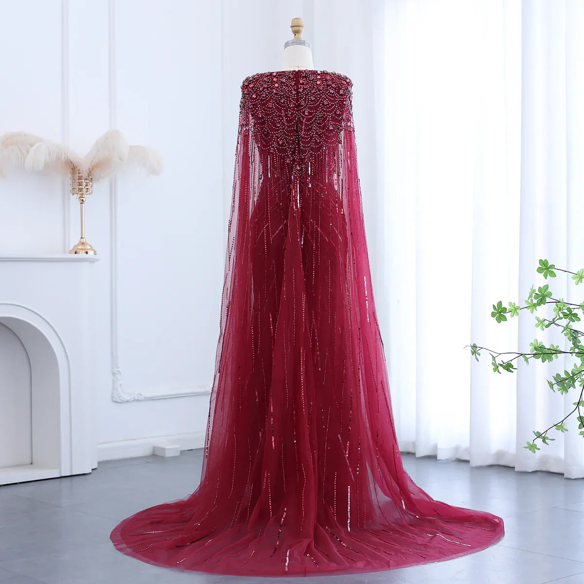 Luxury Dubai Sage Green Evening Dresses with Cape Fuchsia Crystal Gold Elegant Women Wedding Formal Party Gown SS399