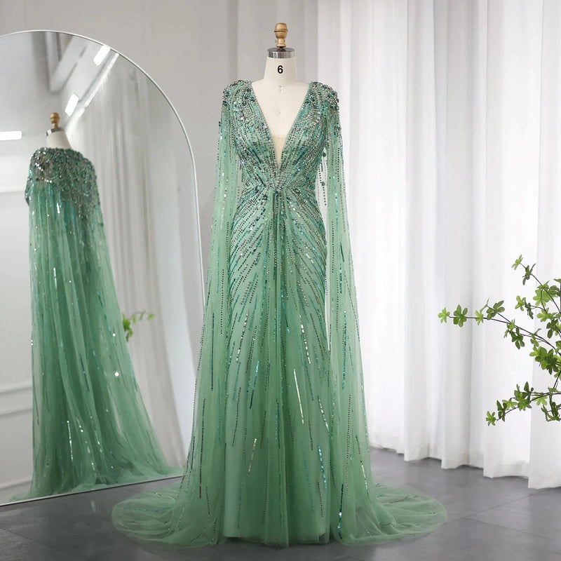 Luxury Dubai Sage Green Evening Dresses with Cape Fuchsia Crystal Gold Elegant Women Wedding Formal Party Gown SS399